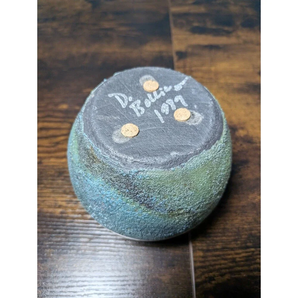 Raku Pottery Round Vase Turquoise Textured Bottom Artist Signed 80s Vintage